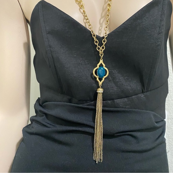 Vintage Double Sided Semi-Precious Stone Gold-tone Chain Tassel Necklace - Picture 4 of 16